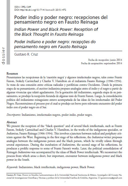 Poder indio y poder negro: recepciones del pensamiento negro en Fausto Reinaga, de Gustavo R. Cruz